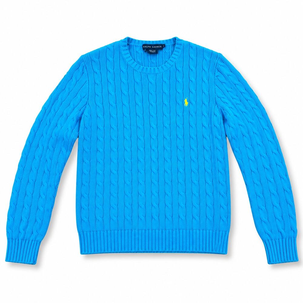 Ralph Lauren Women's Blue Cableknit 100% Cotton Crewneck Sweater Pony Size XL